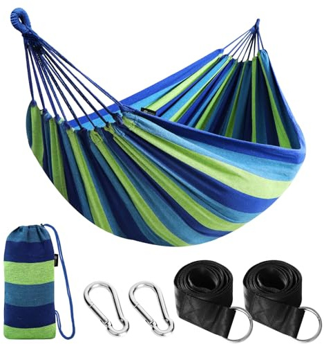 ANYOO Hängematte Outdoor Baumwolle Bequemer Stoff mit Baumfreundl. Gurten | Robuste, Tragbare, Atmungsaktiv, mit Reisetasche, für Garten, Indoor, Balkon, Terrasse, Camping | 300kg Tragkraft