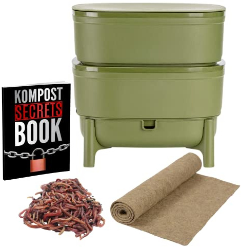 Natursache Wurmkomposter kaufen, Klein & Indoor, Wurmkiste für Balkon & Garten, Starterset + Zubehör (Mit Würmer, Grün)