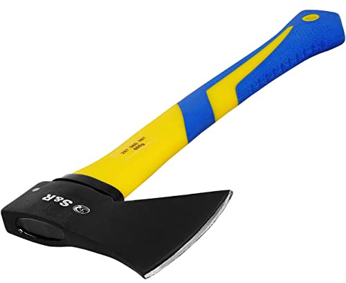 S&R Beil, Spaltbeil, Universal-Axt, Handbeil mit Kopfgewicht 600 g | gummierter Fiberglasstiel, rutschfest und stoßdämpfend, hochwertiger hitzegehärteter Schmiedestahl mit guter Schärfbarkeit