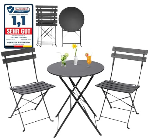 ALBATROS Bistroset 3-teilig Schwarz – Bistrotisch mit 2 Stühlen – klappbare Stühle und Tisch aus robustem Metall – optimal als Balkonmöbel Set oder Gartenmöbel in modernem Design