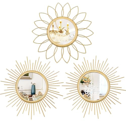Uaussi Wandspiegel, goldfarben, 3 Stück, Metall, Sonneneffekt, Wanddekoration, zum Aufhängen, für Wohnzimmer, Schlafzimmer, Eingangsbereich