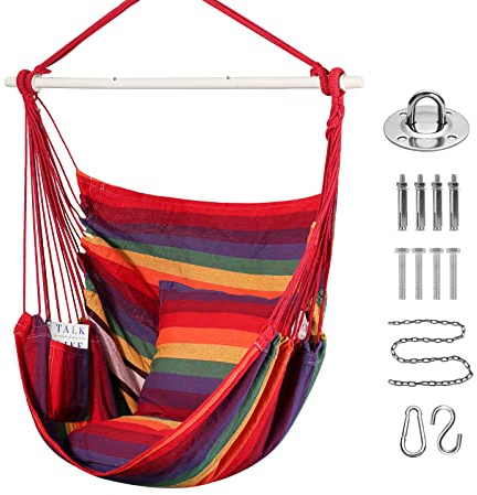 Goutime Schaukelstuhl Hängemattenstuhl mit weicher Baumwolle, 2 Sitzkissen & Tragetasche, Indoor Outdoor Hängeschaukel, bis 150 kg belastbar (Regenbogen)