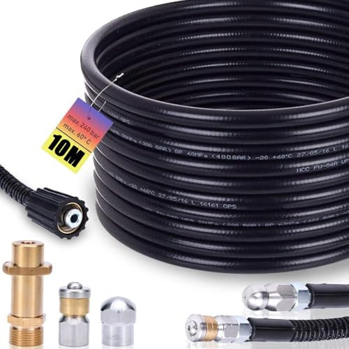 10m Rohrreinigungsschlauch Geeignet für Kränzle Kärcher K2 K3 K4 K5 K6 K7 | 240 bar, M22 Adapter+Düsen starr+rotierend Rohrreinigungsset Hochdruckreiniger Hose Hochdruckschlauch Abflussschlauch