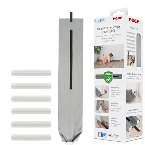 reer Fingerklemmschutz Bodenspalt, Türstopper für 70-90 cm Türen, Grau | Für 3,8-4,2 cm Türblattstärke, per Klebestreifen ohne Bohren montierbar; Polyester-Schaumstoff dämpft die untere Türöffnung