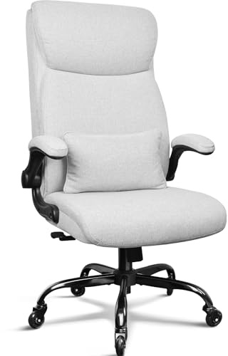 BASETBL Ergonomischer Bürostuhl, Schreibtischstuhl Stoff mit doppelt gebogener hoher Rückenlehne, Gummirollen, unabhängiger Lendenstütze, 3-Fach arretierbar, klappbare Armlehnen, EN12520, Chefsessel