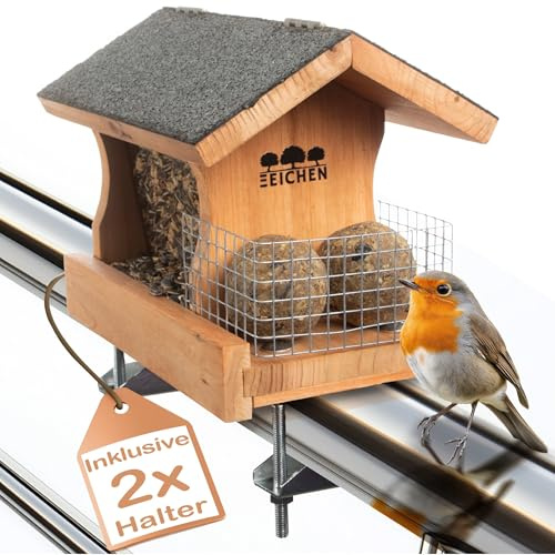 Vogelfutterhaus mit 2 x Balkonhalterung und wetterfestem Holz inkl. Wasserablauf, Meisenknödelhalter und Zubehör Set | Vogelhaus Balkon | Vogelhäuschen Balkon | Vogelhaus Balkongeländer | Drei Eichen