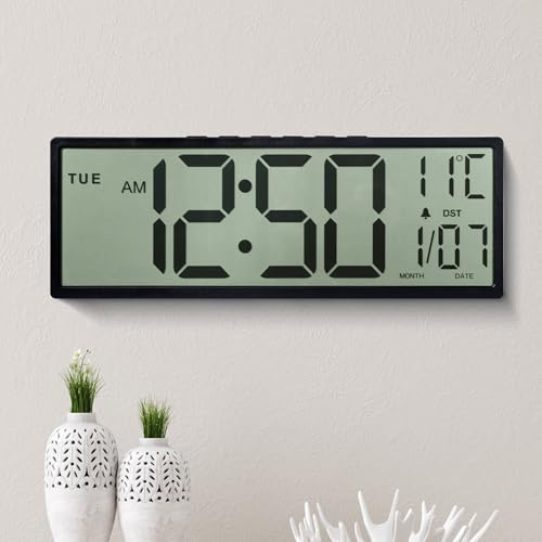 Maxstar 15'' große Digitale Wanduhr, großes LCD-Display mit Jumbo-Zahlen, batteriebetrieben, automatische Sommerzeit, Temperatur, Datum, Wanduhren für Wohnzimmer, Schlafzimmer, Küche for ältere