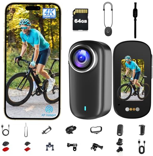 Action Cam, Bodycam 4K mit 64GB Karte, Actionkameras WiFi mit Display, 1200-mAh-Akku Mini Cameras, Magnetisch & Clip Actioncam Wasserdicht IP65 für Helmkamera Motorrad, Loop-Funktion Dashcam Fahrrad