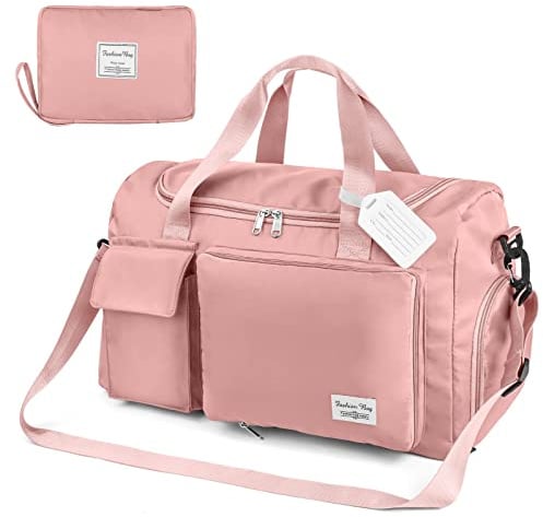 Flintronic 35L Faltbare Reisetasche Gepäcktasche Große Weekender Übernachtungstasche Urlaubstasche Wasserdicht Sporttasche für Herren Damen (mit 1 Gepäckanhänger) - Rosa