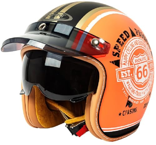 Vintage Motorrad Jet Helm mit Visier, ECE/DOT genehmigt Crash Jet Helm, Motorrad Open Face Helm, für Männer Frauen Road Legal, Retro 3/4 Open Face Design