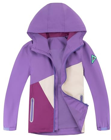 YOUNGSOUL Kinder Regenjacke mit Farbblock Mädchen Jungen Softshelljacke Übergangsjacke Win und Wasserdicht Windjacke mit Kapuze Lila DE: 134-140 (Herstellergröße 140)