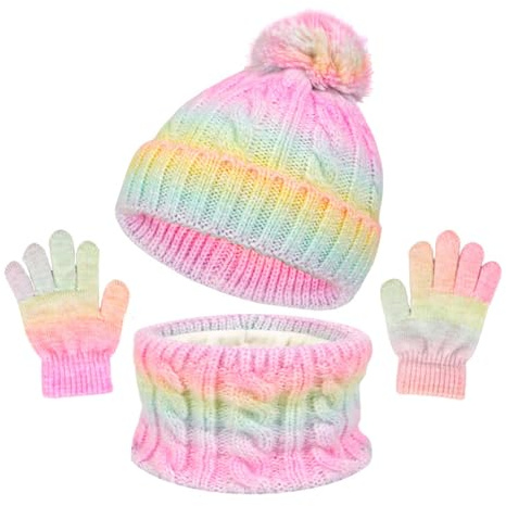 SK Studio Kinder Wintermütze Schal Handschuhe Mädchen Set Warme Winter Beanie Hut Handschuhe runder Schal Set für 3-10 Jahre Jungen Mädchen, Rosa