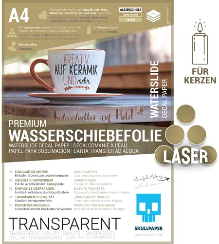 SKULLPAPER Wasserschiebefolie TRANSPARENT für Laserdrucker | hauchdünn DIY Decal Abziehbild | Nassschiebefolie für Keramik, Glas, Kerzen, Metall, Kunststoff, Modellbau (A4-8 Blatt)