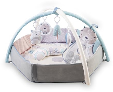 MoMi PASTEL Spielbogen mit Krabbelmatte 3-in-1 für Babys ab der Geburt, sensorische Aktivitätsmatte mit 2 Bogen, Bällchen-Bad, 5 Spielzeugen, 20 Bällchen mit Tasche, Krabbelkissen