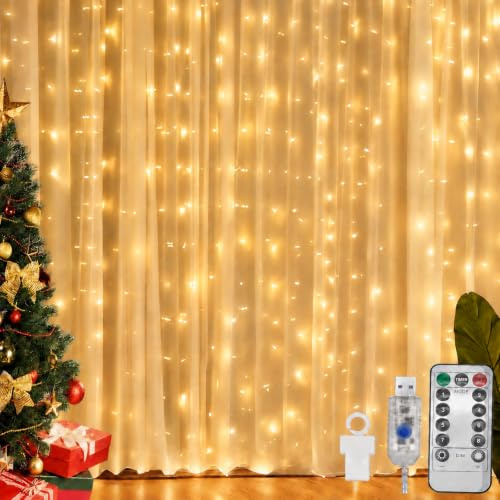 CNMTCCO Lichtervorhang Innen 3x3m 300 LEDs USB 8 Effekte Timer Warmweiß | LED Vorhang für Weihnachten Hochzeit Party. 8 Effekte, Timer, IP44, Fernbedienung, Kupferkabel, 5 m Kabel