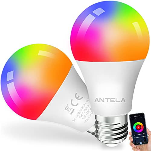 ANTELA Alexa Glühbirne E27, Smart WLAN LED RGB Dimmbare Birne Lampe, App Steuern Kompatibel mit Google Home, Warmweiß (2700K) Kaltweiß (6500K), Kein Hub Benötigt, 2 Stück