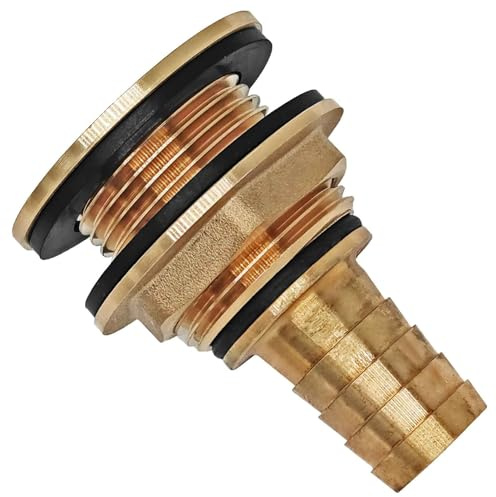 MegaHaustechnik Regentonnendurchführung Messing für 43mm LochØ AG 1 1/4“, Wandung max. 19mm, Schlauchtülle AußenØ 25mm für 1“ Schlauch, 3 Dichtungen, Fass Verschraubung Tank