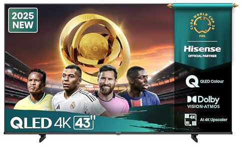 Hisense 43E7Q Fehrnseher, 43 Zoll, 4K UHD QLED, Smart TV, Game Mode Plus, Filmaker Mode, Dolby Vision Atmos, HDR10, HLG, HDR Immersive, AI 4K Upscaler, Dolby MS12, DTS X, Sprachsteuerung [2025]
