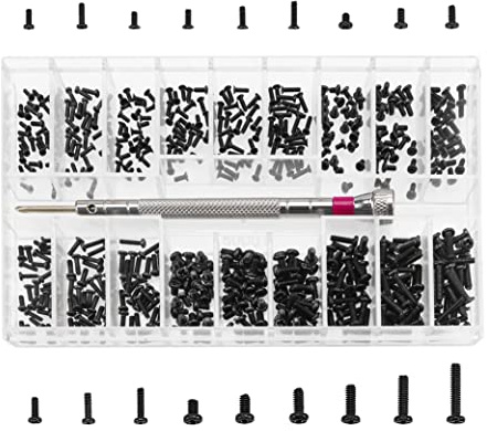 YIXISI 500 Stück Kleine Schrauben Sortiment Kit, 18 Größen Edelstahl Winzige Reparaturschrauben Set mit Schraubendreher, M1.2 M1.4 M2 Winzige Mikroschrauben, Schwarz