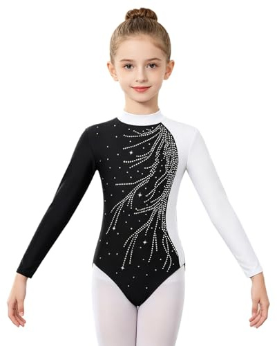 Freebily Kinder Mädchen Gymnastikanzug Glitzer Langarm Ballett Tanz Trikot Leotard Sportbody mit Kunstdiamanten Training Ballettbekleidung A_Weiß 158-164