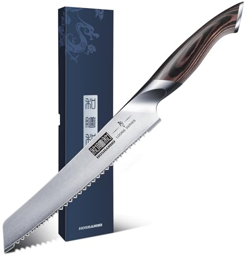 HOSHANHO Brotmesser, 20cm Gestochen Scharf Brotmesser mit Wellenschliff aus Hochgekohltem Edelstahl, Professional Bread Knife für Brot, Bagels, Kuchen