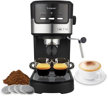 BEPER P101CAF100 Duetta Espresso-Kaffeemaschine, 1100W, Kompatibel mit Pads und Kaffeepulver, Kaffeemaschine mit doppeltem Auslaufarm, 15 bar, Tassenwärmer, Messbecher und Presser inklusive, Schwarz