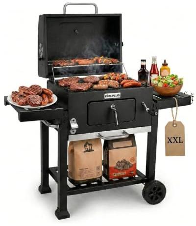 Amig - Holzkohlegrill XXL - Fireplus Tragbarer Barbacue - Grill mit Rädern und Seitenablagen - Belüftungssystem und Aschebehälter - Stahlgrill 57 x 42 cm - Maße: 116 x 131 x 56 cm