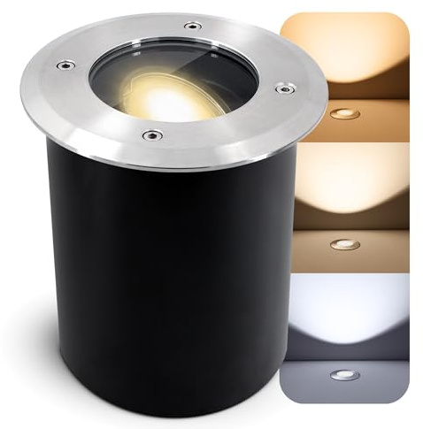 SSC-LUXon JUAVI Bodeneinbauleuchte aussen IP67 LED - Bodenstrahler silber rund 230V befahrbar - inkl. GU10 LED Lampe LumiFLEX 5W drei Lichtfarben