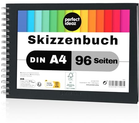 perfect ideaz - Skizzenbuch DIN-A4 Quer, Spiralbindung, FSC® zertifiziert, 96 Seite (48 Blatt), Hardcover Schwarz, Sketchbook, 200 g/m² dickes Papier, säurefrei