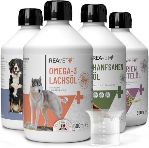 ReaVET Futteröl Hunde – 4 Sorten x 500 ml I Barf Öl Set I Kaltgepresst & ohne Zusätze I Natürlicher Barf Zusatz I Omega-3 & Omega-6 Fettsäuren für Fell, Haut & Vitalität
