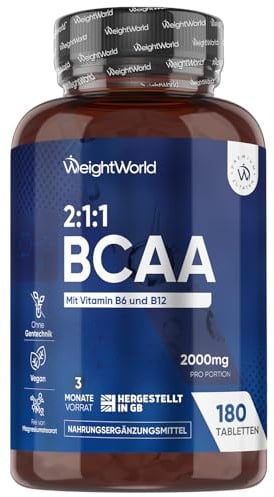 BCAA Tabletten 2000mg mit Vitamin B12 & B6-2:1:1, L-Leucin, L-Isoleucin, L-Valin - 180 vegane Tabletten - 3 Monate Vorrat - 2 Stück pro Tag - Frei von Magnesiumstearat & Gentechink - WeightWorld