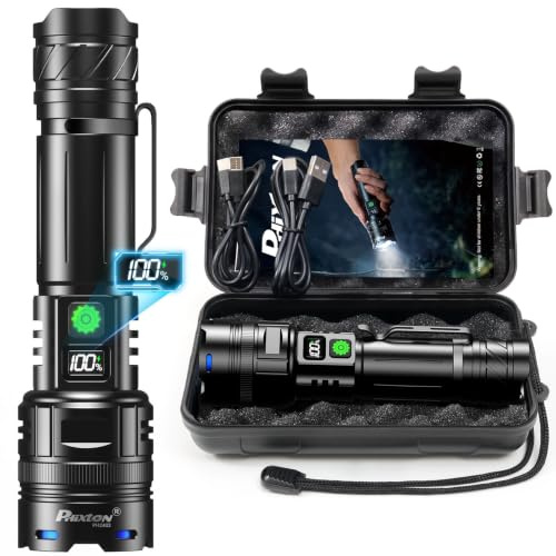 PHIXTON Taschenlampe LED Aufladbar 1000000 Lumens 1 Lichtmodi 15 Stunden | Langstrecke 1000, Große Reichweite & Zoombares, USB C Eingang und Ausgang & digitale Anzeige, für Camping Wandern Home