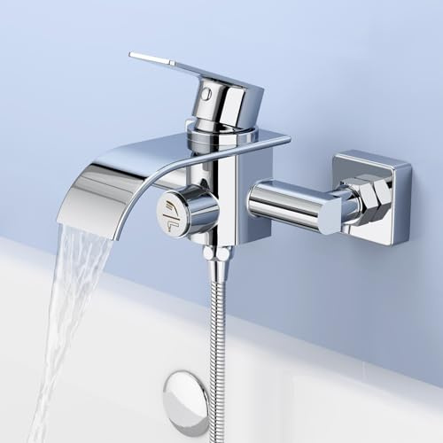 OTOmitra Badewannenarmatur Wasserfall, Mischbatterie Badewanne mit Druckschalter, Wasserhahn Badewanne Wandmontage, Badewanne Armatur aus Messing, Chrom Duscharmatur Aufputz