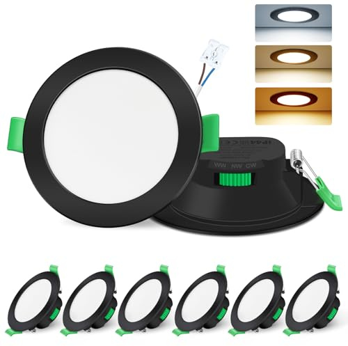 ALUSSO LED Einbaustrahler 230V 7W 3CCT Dimmbar 68mm Spots, Schwarz 6er Set | 3000K/4000K/6500K Verstellbar Einbauspots, Ultra Flach IP44 Einbauleuchten Für Zimmer, Badezimmer, Küche, Büro, Dachvorsprung