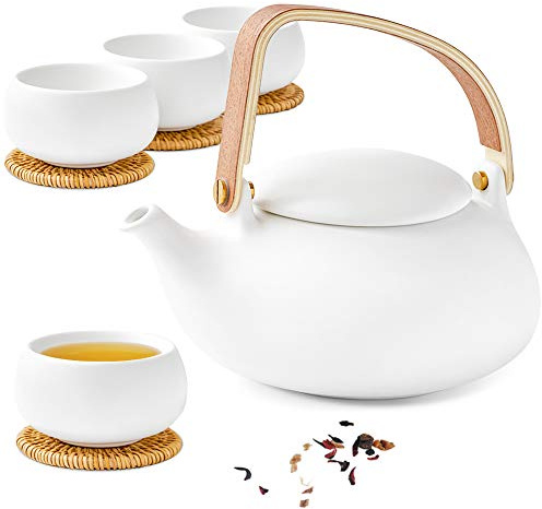 ZENS Japanische Teekanne mit Siebeinsatz, Modern 800ml Matte Weiß Teeservice Keramik mit 4 Tassen und Rattan Untersetzer, Hanfseilgriff Teeservice für Losen Tee Stepper, Geschenk für Teeliebhaber