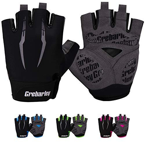 Grebarley Fahrradhandschuhe,Radsporthandschuhe rutschfeste und Stoßdämpfende Mountainbike Handschuhe mit geeiget Unisex Herren Damen (Schwarz, L)