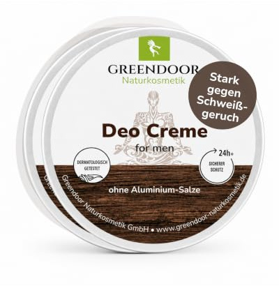 GREENDOOR Deo Creme For Men 2er Sparpack/wirksame Deocreme ohne Aluminium für Herren/männlicher Duft, Naturkosmetik vegan, Anti Achselgeruch, Natur Deodorant Bio