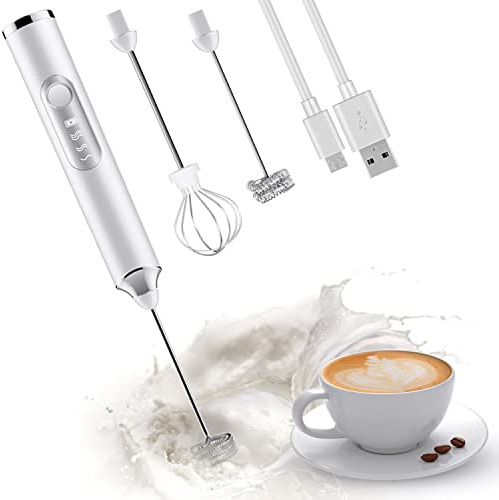ADOV Milchaufschäumer Elektrisch und Schneebesen aus Edelstahl, Wiederaufladbarer, Batteriebetriebener Automatischer Milchaufschäumer-Getränkemixer für Latte, Cappuccino, Schokolade, Matcha– Weiß