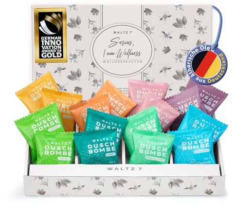 WALTZ 7 Original Duschbomben Set, 16 Stück, 8 Düfte, Geschenkdidee Muttertag, Dankeschön Geschenk für Frauen, Männer, ätherische Öle, Geburtstagsgeschenk Freundin, Mama Muttertagsgeschenk