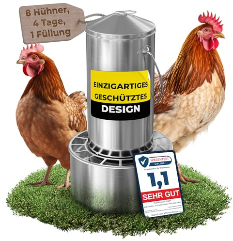 EDELTROOX® Edelstahl Futterautomat Hühner (4L / 8L / 12L Volumen) I Spart bis zu 40% Futter I aufhängbar & rattensicher I Abnehmbares klick-Gitter I Spülmaschinengeeignet I frei von scharfen Kanten