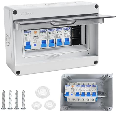 Sicherungskasten Aufputz 8 Module mit FI/LS-Schalter und IP65 Gehäuse | Mit C63 30mA FI/LS-Schalter und vier Leitungsschutzschaltern C32 C20 2×C16 für eine übersichtliche Stromkreisverteilung