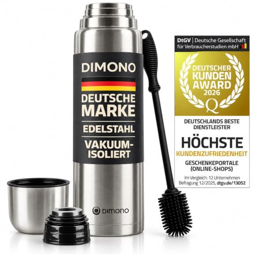 DIMONO® Thermosflasche 1L, 12h heiß & 24h kalt, Edelstahl Isolierkanne | Auslaufsicher für unterwegs, doppelwandige Thermoskanne mit Becher, 1 Liter Kapazität, spülmaschinenfeste Thermoflasche