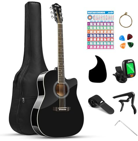 Moukey Acoustic Guitar kits for Beginners, Adults, 41 Inch 4/4 Guitarra Acustica with Chord Poster, Gig Bag, Tuner, Steel Strings, Capo, Strap, Black
