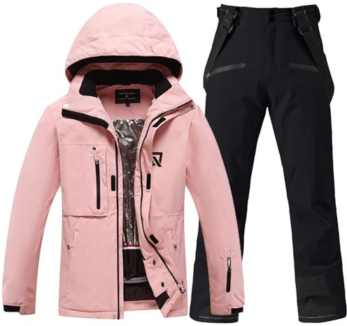 HOUZONIY Damen Schneeanzug, Damen Skijacke & Skihose Set, Schneeanzug Wasserdicht Warm Winterjacke mit Abnehmbare Kapuzen zum Skifahren Snowboarden