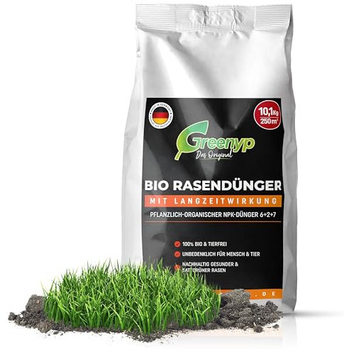 Greenyp Bio Rasendünger I 20,2kg für 500m² I Pflanzlich Organischer Rasendünger mit 3 Monate Langzeitwirkung I staubarm, tierfreundlich und Vegan I Rasendünger Frühjahr bis Sommer I Dünger für Rasen
