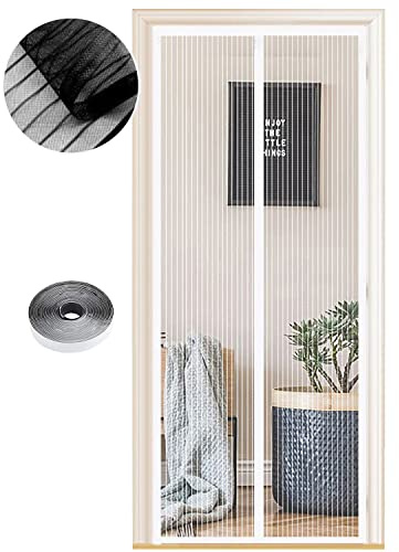 Fliegengitter Tür Magnet Insektenschutz, Verschiedene Größen,115X 210cm, Magnetvorhang ist Ideal für Balkontür Wohnzimmer und Terrassentür, Kinderleichte Klebemontage Ohne Bohren, Weiße Streifen