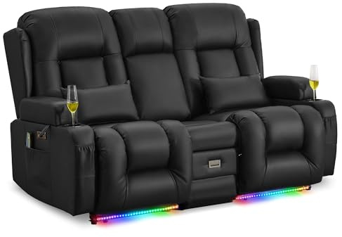 LIFTSHA Zweisitzer Relaxsessel mit Liegefunktion, Fernsehsessel Elektrisch Verstellbar mit Heizung & Vibrierende Massage, TV Sessel Heimkino Sitze mit Multimedia Mittelkonsole, Kunstleder, Schwarz