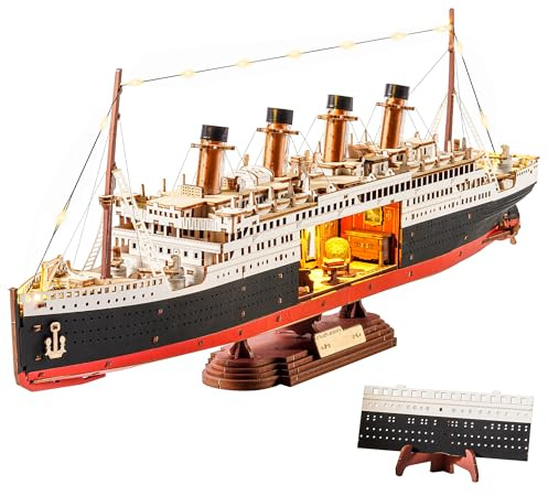 ROBOTIME Titanic 3D Holzpuzzle Erwachsene mit Licht, Klebstofffrei | 433 Teile, 3D Puzzle Schiff Ozeandampfer Modellbausatz Holz, Entspannender Bausatz, Deko & Geschenk für Modellbaufans