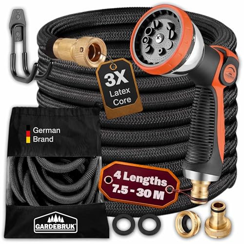 GARDEBRUK® Flexibler Gartenschlauch 22m 3fach Latexkern Vollmessing Adapter 1/2' 3/4' Zoll Wandhalterung Tasche Flexschlauch Wasserschlauch Schwarz