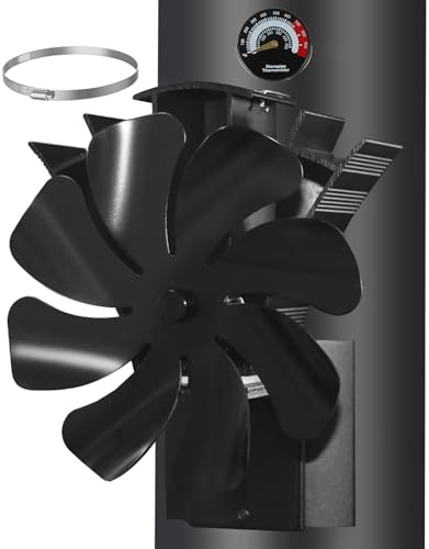 Ofenventilator Magnetisch, Kaminventilator 8 Flüge, Ofenventilator Ohne Strom, Leiser Kamin Ventilator Kaminlüfter für Holz/Brennholz/Feuerstelle/Ofenrohr Mit Thermometer und 1pcs Ersatzteil Ring
